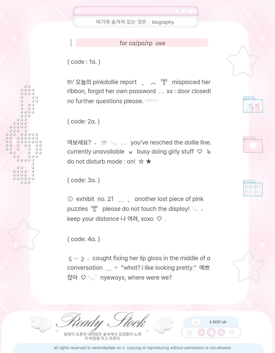 serendipitale's tweet photo. ㅤ
retweet would be very appreciated. ♡

today’s new arrival : a fresh batch of ready stock bios and pinned wordings for all kind of accounts, in feminine and pinkish themed  🎀 ︎ pick one before they wander off and find more of them in the reply sect! ( #bealanja )
ㅤ https://t.co/sEpckvdJAj