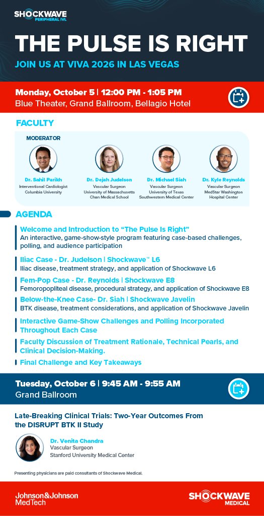 ShockwaveIVL's tweet photo. VIVA Las Vegas is calling! 🎰⚡
Join us for The Pulse Is Right, our game-show-style #ShockwaveIVL symposium at #VIVA26. Hear from moderator Dr. Sahil Parikh (@sahilparikhmd) and expert faculty Drs. Dejah Judelson (@DejahJudelson), Michael Siah (@michaelcsiah), and Kyle Reynolds (@KReyMD) as they tackle case-based challenges, engage in live polling, and share perspectives on treatment strategies for complex peripheral artery disease.
@VIVAPhysicians
US Rx only. Safety Info: https://t.co/as4irbY3DX
Product availability may vary by country.