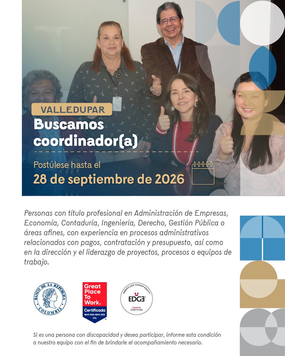 BancoRepublica's tweet photo. ¡Haga parte del #TalentoBanRep y deje huella en Colombia!
Buscamos coordinador(a) en Valledupar. Postúlese hasta el 28 de septiembre de 2026, consulte más información 👉 https://t.co/wIEicSvQVh
Importante: Las ofertas de empleo del Banco de la República son completamente gratuitas y no se requiere de intermediarios para acceder o participar en las mismas.