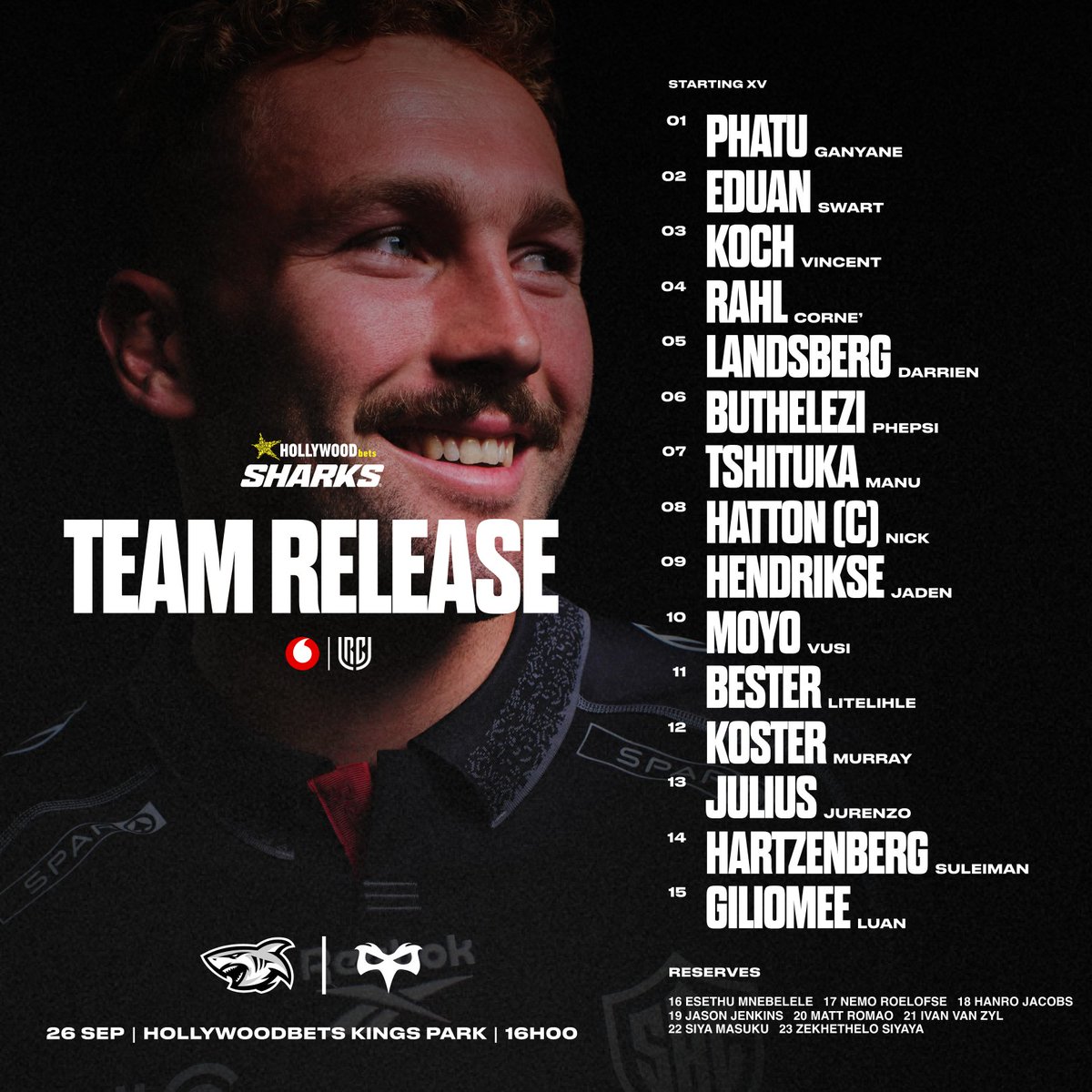 SharksRugby's tweet photo. The wait is over 🦈

The first Hollywoodbets Sharks team of the 2026/27 season is out.

The Tank is ready for @Vodacom #URC rugby. The Ospreys are coming 🦅

Let’s go 🖤🤍

#SharksRugbyClub #BlackWhiteForever #HollywoodbetsSharks #VodacomURC https://t.co/uixso62CmD
