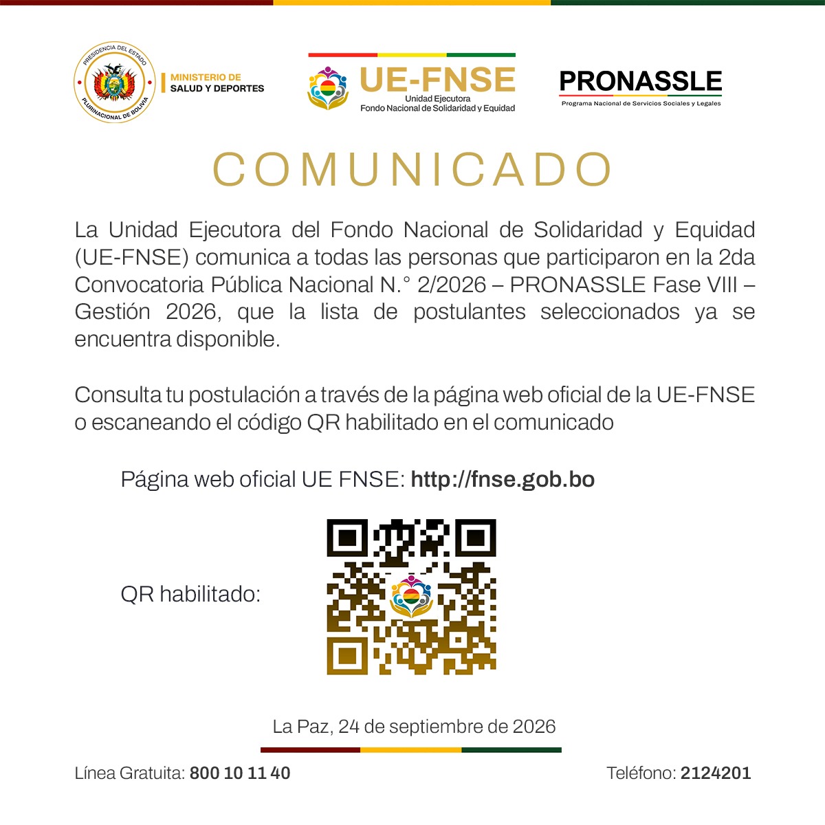 UEFNSE_oficial's tweet photo. La UE-FNSE comunica a todas las personas que participaron en la Convocatoria Pública Nacional N.° 02/2026 – PRONASSLE Fase VIII – Gestión 2026 que ya se encuentra disponible la lista de postulantes seleccionados.

Consulta: https://t.co/T1u55KmtK9 https://t.co/O0iAaM5qYP