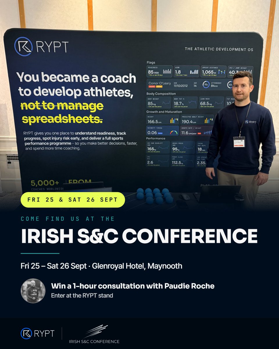 AppRYPT's tweet photo. Come see us at the Irish S&amp;C Conference, 25–26 September at the Glenroyal Hotel, Maynooth. We'll show you how RYPT gives you one place to understand your athletes so you make better decisions faster and spend more time coaching. https://t.co/At6dfuK1gU