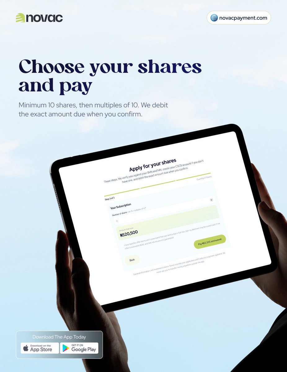 joinnovac's tweet photo. 🚀 It's not too late to get your share of The Dangote Refinery.

At ₦525.00 per share (minimum of 10 Shares), you can apply for your own part of the Dangote Petroleum Refinery on Novac via https://t.co/XlADXsVyE2.

⏳ Offer closes 13 October 2026. T&amp;Cs Apply. https://t.co/8mmjRj67TV