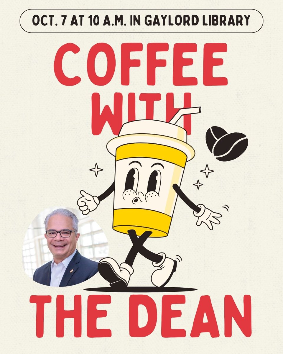 merrillcollege's tweet photo. MERRILL COLLEGE STUDENTS, FACULTY &amp; STAFF: Join us Oct. 7 at 10 a.m. in Gaylord Library for our first Coffee with the Dean of the semester! Chat with Dean Rafael Lorente over coffee, tea and sweet treats! #fearlessjournalism https://t.co/EfQBa6Pxet
