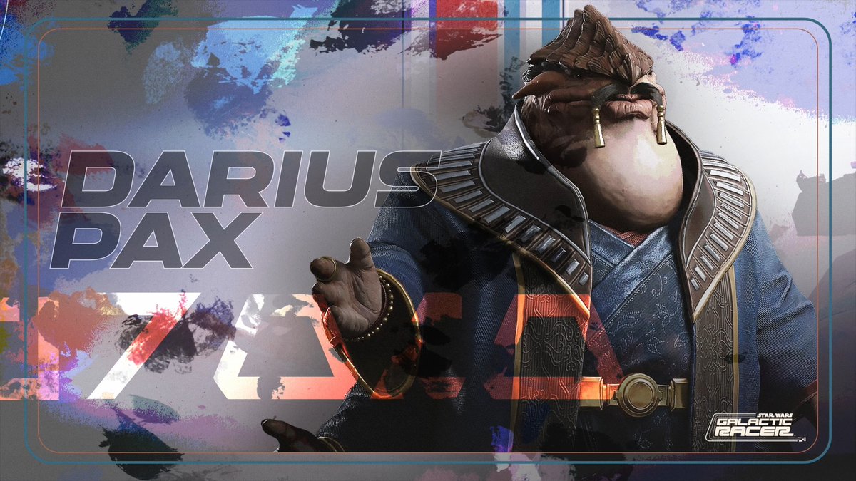 A character poster features the text "DARIUS PAX" and the "Galactic League" logo alongside a stout, horned alien figure in ornate robes extending his hand, representing the impassioned Galactic League founder whose voice is performed by Andrew James Spooner.