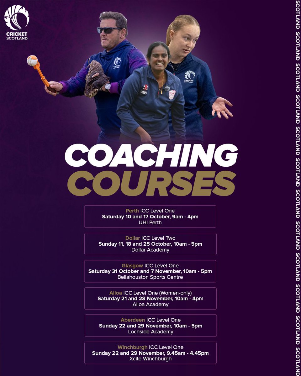 CricketScotland's tweet photo. Take the next step on your coaching journey! 🙌 

We have ICC Level One and Level Two Coaching Courses taking place across Scotland - with a subsidy fund available, to encourage new coaches from under-represented groups!

Find out more: https://t.co/yOWVcBThji https://t.co/PVxAFJKtr1