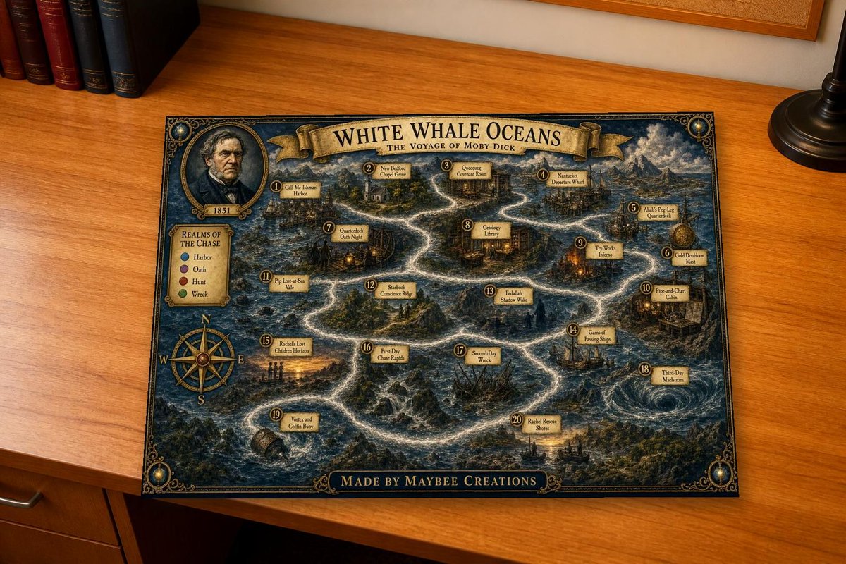 MaybeeCreation's tweet photo. Call me Ishmael… then open the map.
Moby-Dick — White Whale Oceans: 20 literary stops from New Bedford to the Rachel’s rescue. A discovery map + guidebook for classic lit lovers and classrooms.
Shop: https://t.co/0NiSUgyFCZ
#MaybeeCreations #MobyDick #Literature https://t.co/N346TaXgB5