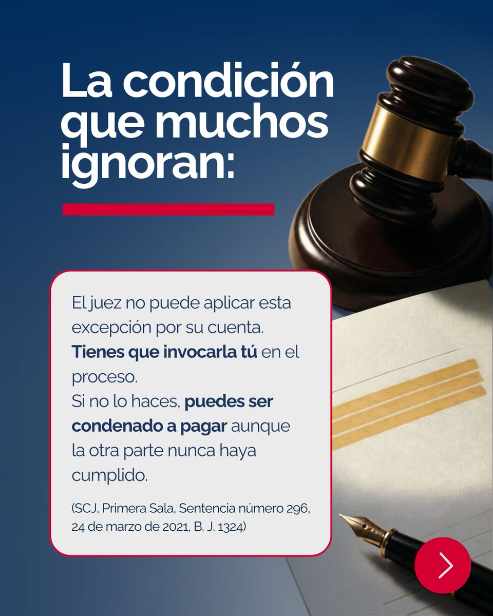 AlburquerqueRD's tweet photo. ¿Te reclaman el pago de un contrato que la otra parte no cumplió? La Suprema Corte de Justicia reconoce tu derecho a suspender el cumplimiento de tu obligación mientras la contraparte no cumpla la suya. Pero ese derecho no opera solo: si no lo invocas correctamente en el proceso https://t.co/ZpFxa7TOao