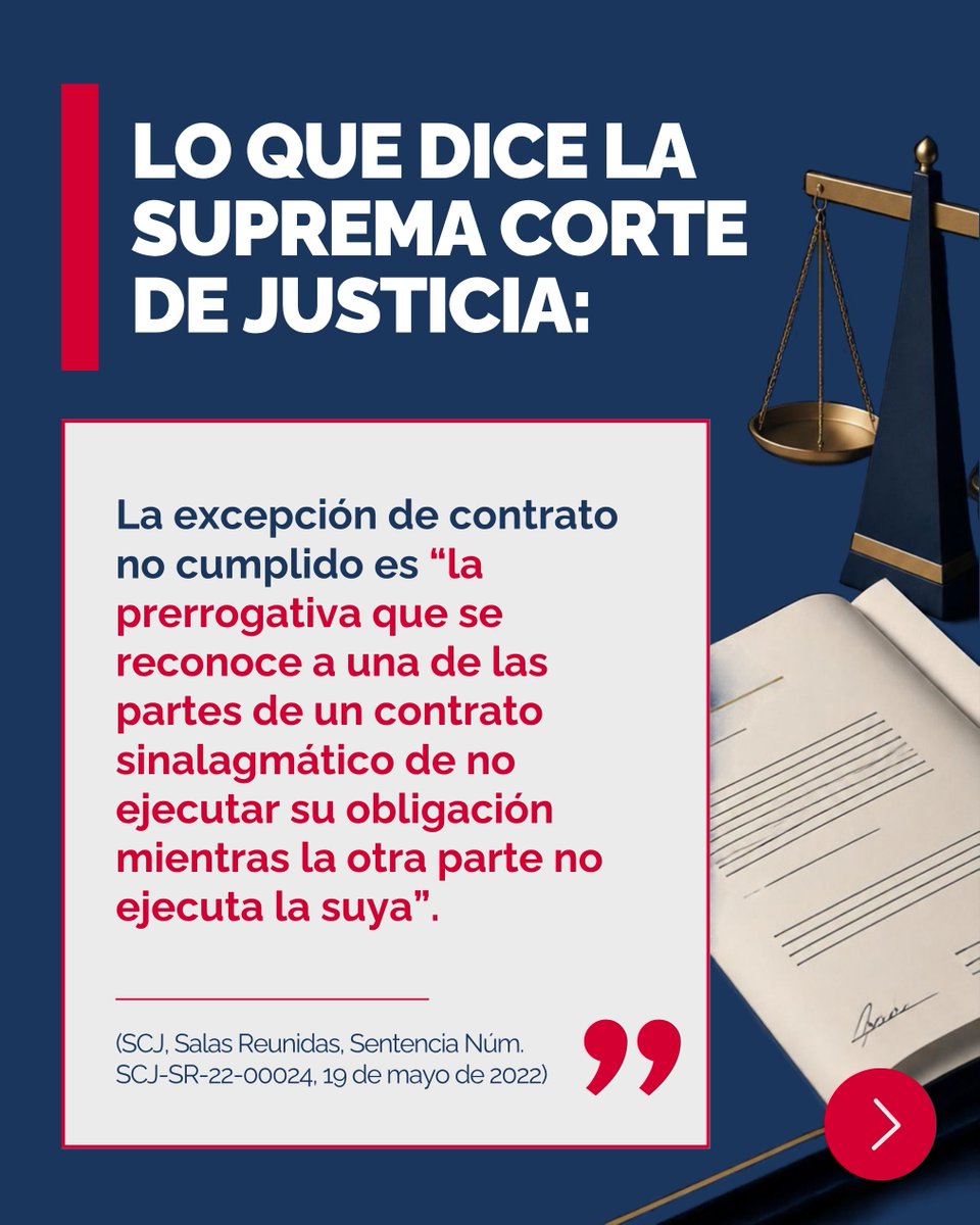 AlburquerqueRD's tweet photo. ¿Te reclaman el pago de un contrato que la otra parte no cumplió? La Suprema Corte de Justicia reconoce tu derecho a suspender el cumplimiento de tu obligación mientras la contraparte no cumpla la suya. Pero ese derecho no opera solo: si no lo invocas correctamente en el proceso https://t.co/ZpFxa7TOao
