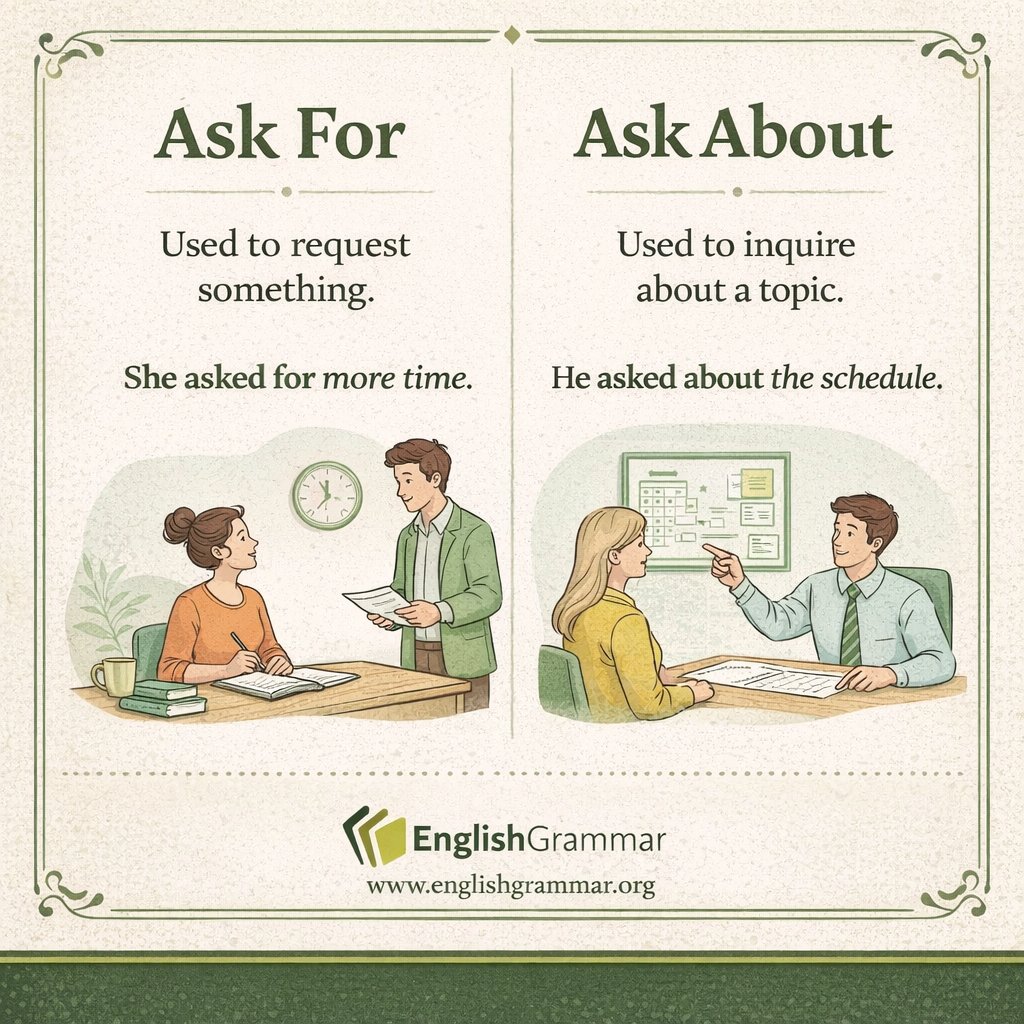 GrammarUpdates's tweet photo. Ask for vs. ask about: what is the difference? https://t.co/wYDSi5tn5C