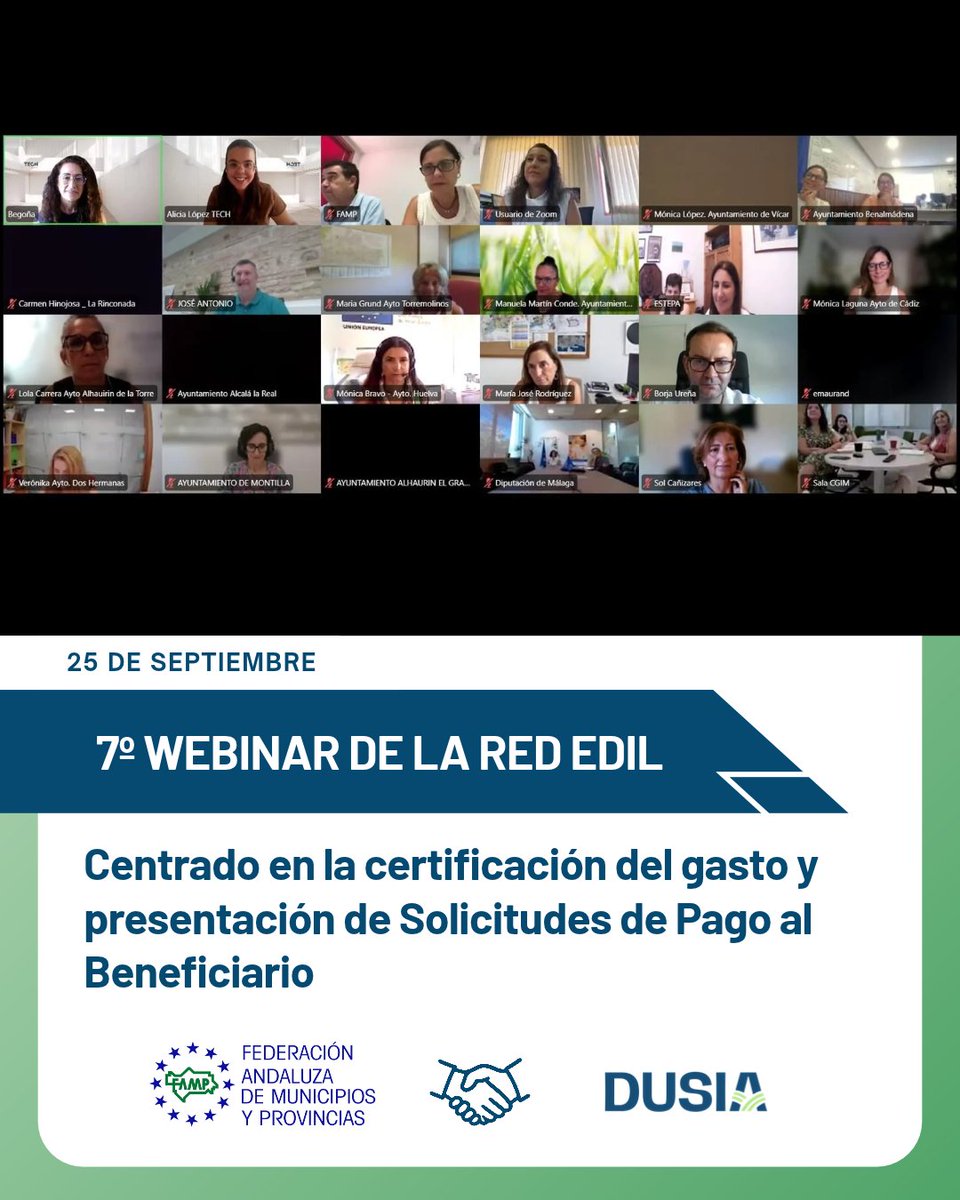 FAMPcomunica's tweet photo. La #FAMP ha celebrado el 7º webinar de la Red EDIL sobre certificación del gasto y Solicitudes de Pago al Beneficiario (SPB).
Claves:
· Circuito completo del gasto
· Documentación previa a la certificación
· Generación y presentación de SPB
Info: https://t.co/7pTU0dfHxQ https://t.co/0AGkgaAjpm