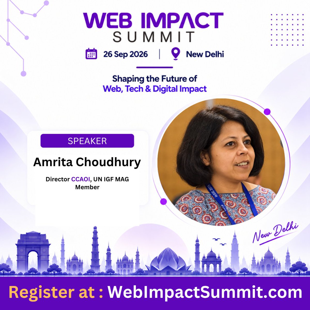 WebImpactSummit's tweet photo. 🎙️ Speaker Announcement: Amrita Choudhury joins WIS 2026

Director, CCAOI | UN IGF MAG Member
Amrita represents cyber cafes and public internet access across India, and sits on the UN Internet Governance Forum's advisory group. She chairs APrIGF 2026-28.

📅 26 September 2026
📍 Hyatt Centric, Janakpuri, New Delhi
🎟️ Book your ticket: https://t.co/Sd2xzHueNT

#WebImpactSummit2026 #WIS2026 #InternetGovernance