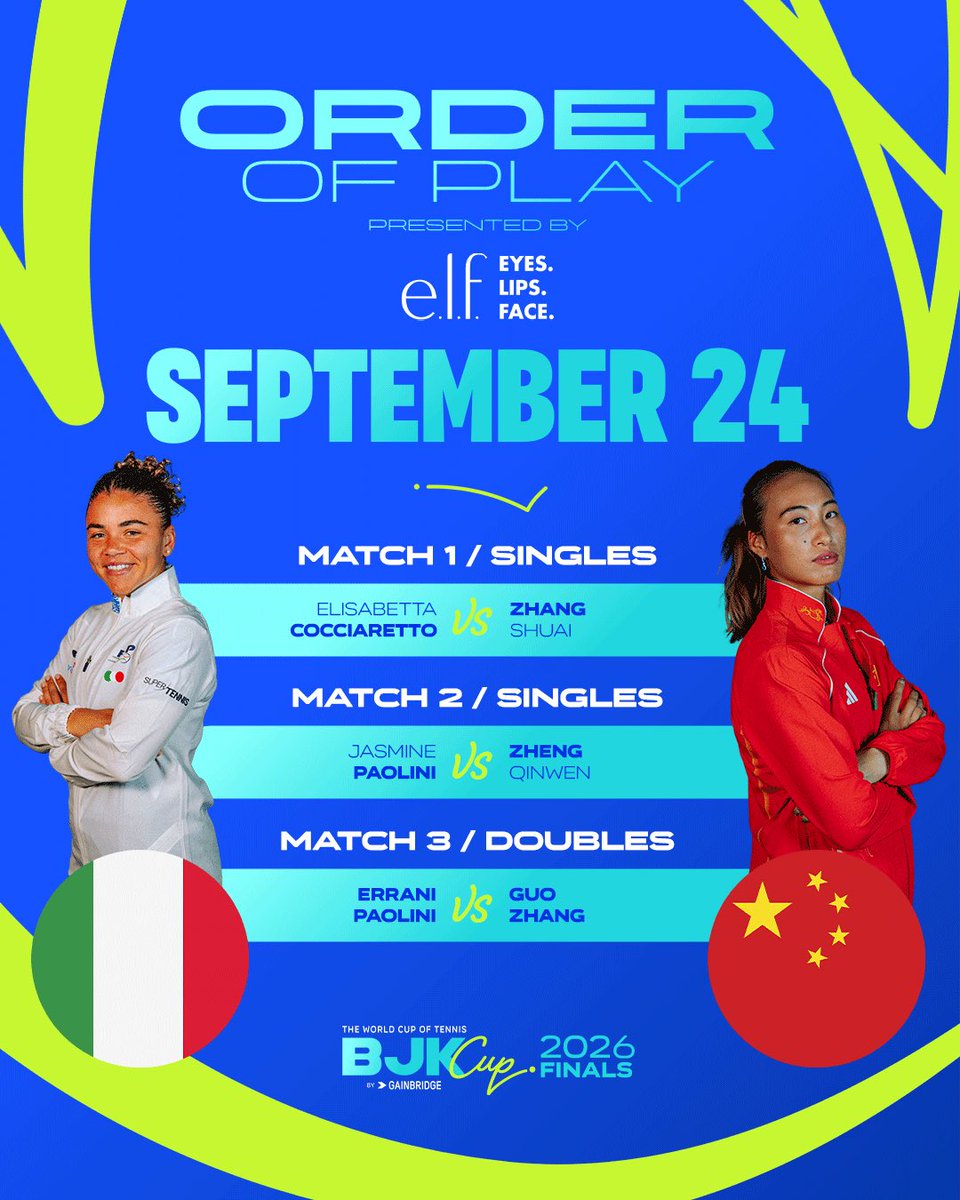 BJKCup's tweet photo. 🇮🇹 The World Champions vs the hosts 🇨🇳

This one is going to be electric ⚡️ 

#BJKCup | @elfcosmetics https://t.co/oRYMRKfK2t
