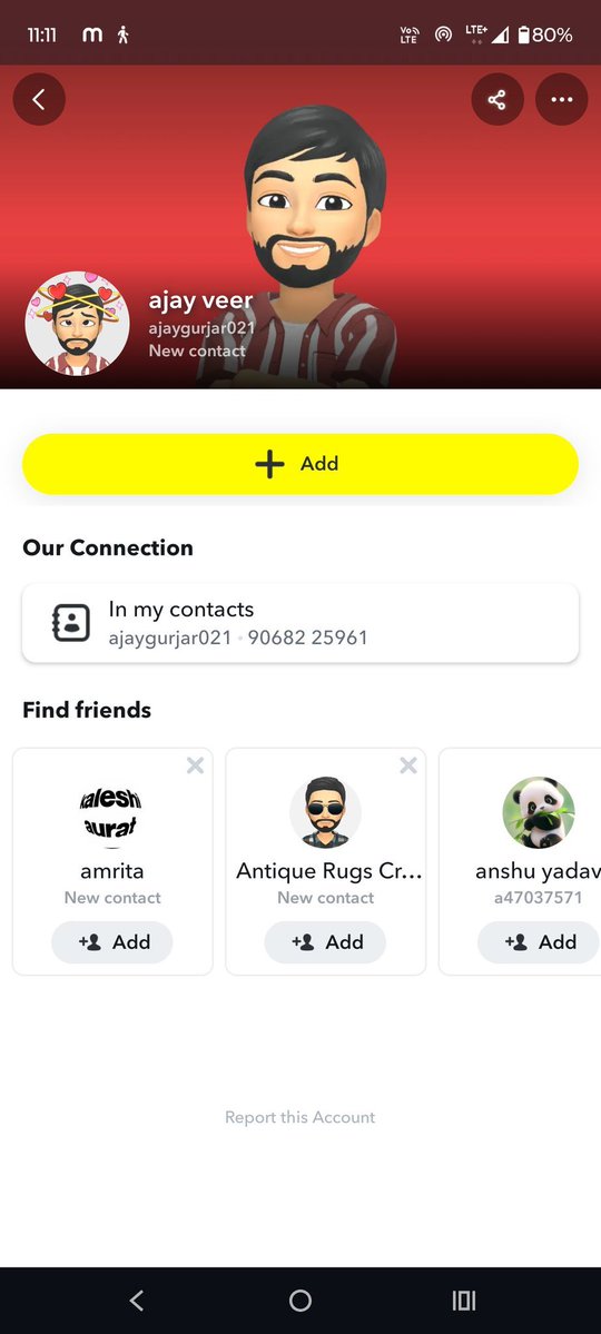 KshatriyaItihas's tweet photo. Ajayveer Gujjar even has a Snapchat account with the same username, registered to the same mob. number.

Bro really pulled off multiple heists in one go. 💀

And no, caste wasn’t the point. I don’t believe in stereotyping an entire community based on one incident.

But it became relevant when he used a fake Kshatriya identity to bring disrepute to the community.