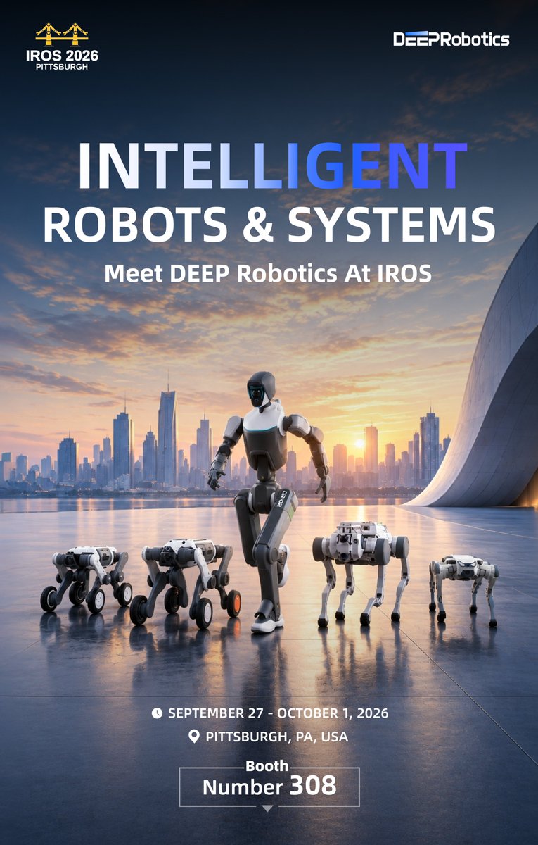 DeepRobotics_CN's tweet photo. 🤖 Next week, we’re heading to #IROS 2026 in Pittsburgh!
📍 Booth 308 | Pittsburgh
📅 IROS 2026
Book a meeting in advance by contacting us at partner@deeprobotics.com.
See you in Pittsburgh!
#DEEPRobotics #IROS2026 #Robotics #EmbodiedAI #HumanoidRobots https://t.co/hlK4XnHCq2