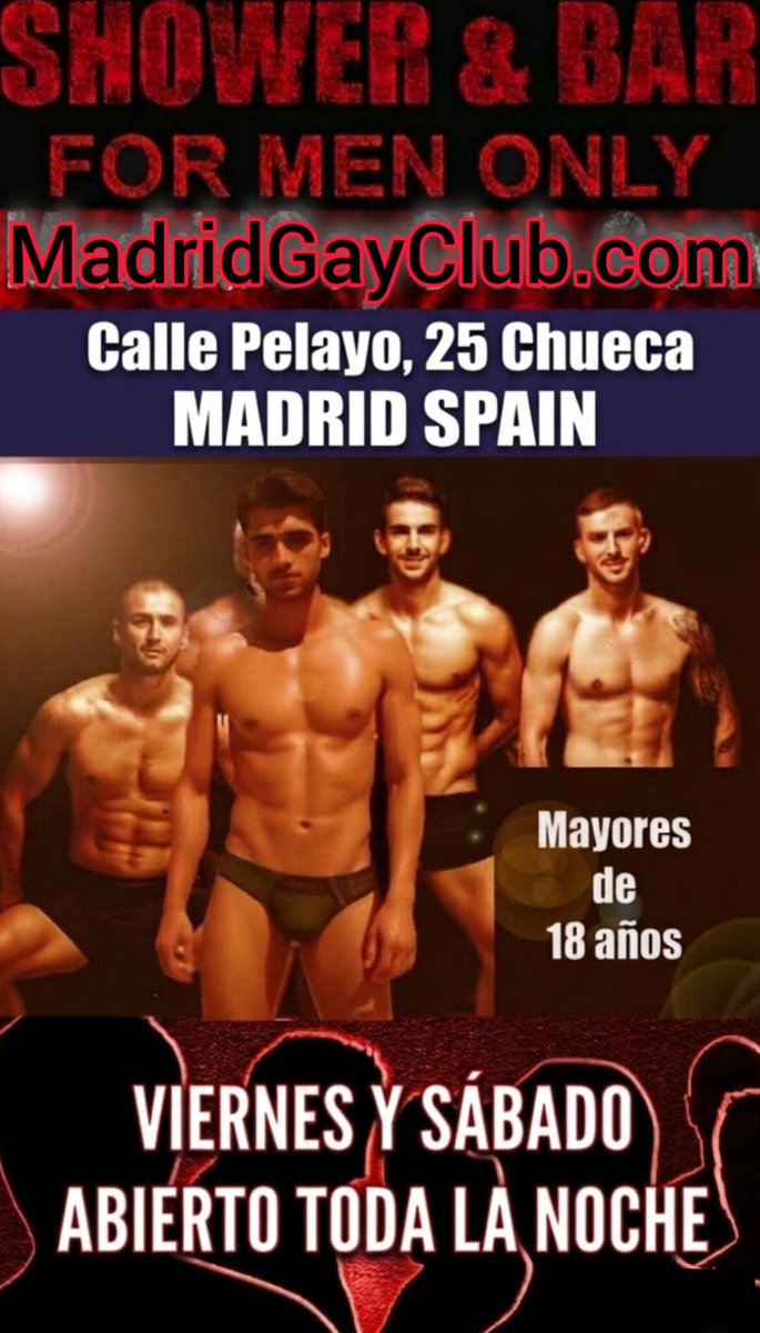 Angelon__Angel's tweet photo. If you're a man into hooking up, head over to #Chueca, a popular #gay hotspot.

​MEN-ONLY NIGHTS. 
Fridays and Saturdays open all night.

​Themed sessions with Dress Code: underwear only or naked.

​SHOWER &amp; BAR
Pelayo, 25 Madrid
#GayMadrid https://t.co/0Tyt7HaAHQ