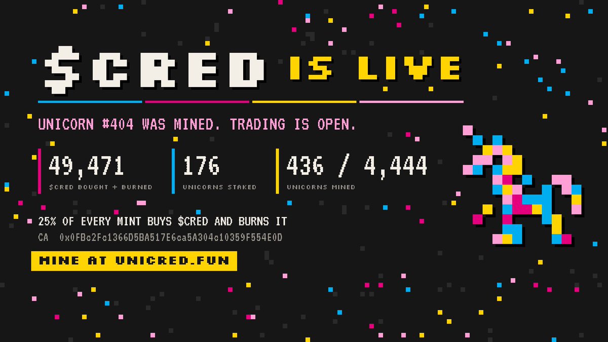 Unicred0's tweet photo. $CRED IS LIVE 🦄

unicorn #404 just got mined → trading is OPEN

already burned by the buyback: 49,471 $CRED
unicorns staked: 175 / 427 (41%)
every mint buys $CRED and burns it. forever.

you can't buy a unicorn. you mine one.
⛏️ https://t.co/xkMXM3mOGn

CA: 0x0FBc2Fc1366D5BA517E6ca5A304c10359F554E0D