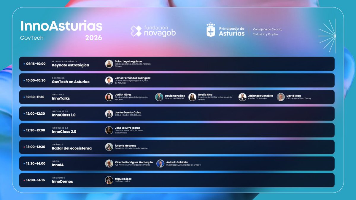 novagob's tweet photo. 📣 Ya tenemos el programa completo de InnoAsturias GovTech 2026 🚀

Keynotes, InnoTalks, InnoClass, InnoIA y más, con voces del sector público, empresas y universidad.

30 sept · Oviedo · Gratis
👉 https://t.co/1WvRwvz1fk https://t.co/4d65F4nZRY