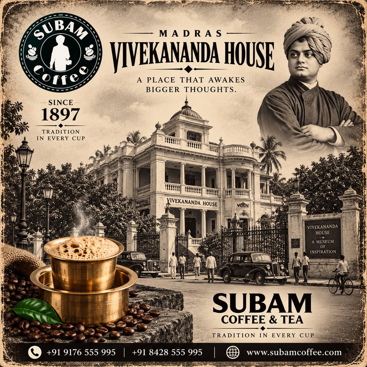 SubamCoffee's tweet photo. VIVEKANANDA HOUSE — MADRAS 🏛️
A historic place along Marina Beach Road, connected with Swami Vivekananda's nine-day stay in Madras in 1897.☕ SUBAM COFFEE
Traditional Taste. Timeless Experience.
📞 +91 9176 555 995 | +91 8428 555 995
🌐 https://t.co/WXJkFAjbSy
#SUBHAKAR https://t.co/A7hAtCu2xz