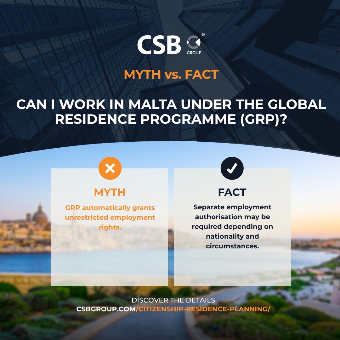 CSBGroup's tweet photo. Can I work in Malta under the Global Residence Programme (GRP)?

❌ THE MYTH:
GRP automatically grants unrestricted employment rights.

✅ THE FACT:
Separate employment authorisation may be required depending on nationality and circumstances. https://t.co/qaUwLHT3nP