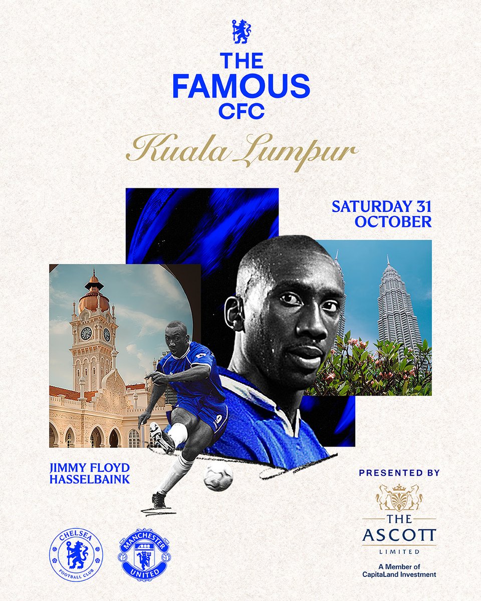 ChelseaFC's tweet photo. The Famous CFC is back! Next stop: Kuala Lumpur! 🇲🇾 

Club legend Jimmy Floyd Hasselbaink is joining us as we kick off our first fan event of the season. 💙