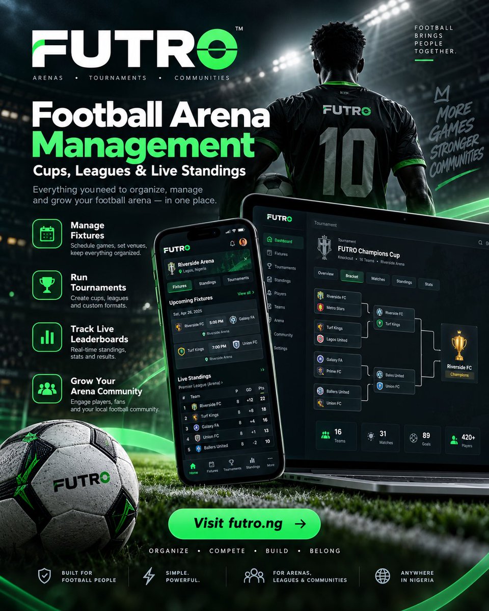 futro_ng's tweet photo. Running football games shouldn’t mean juggling spreadsheets, WhatsApp messages &amp; scattered results.

Futro helps football arenas &amp; communities manage fixtures, leagues, players &amp; live standings — all in one place.

Organize. Compete. Build. Belong.

🌐 https://t.co/BlHNI2h1xm https://t.co/msiK8zInwq