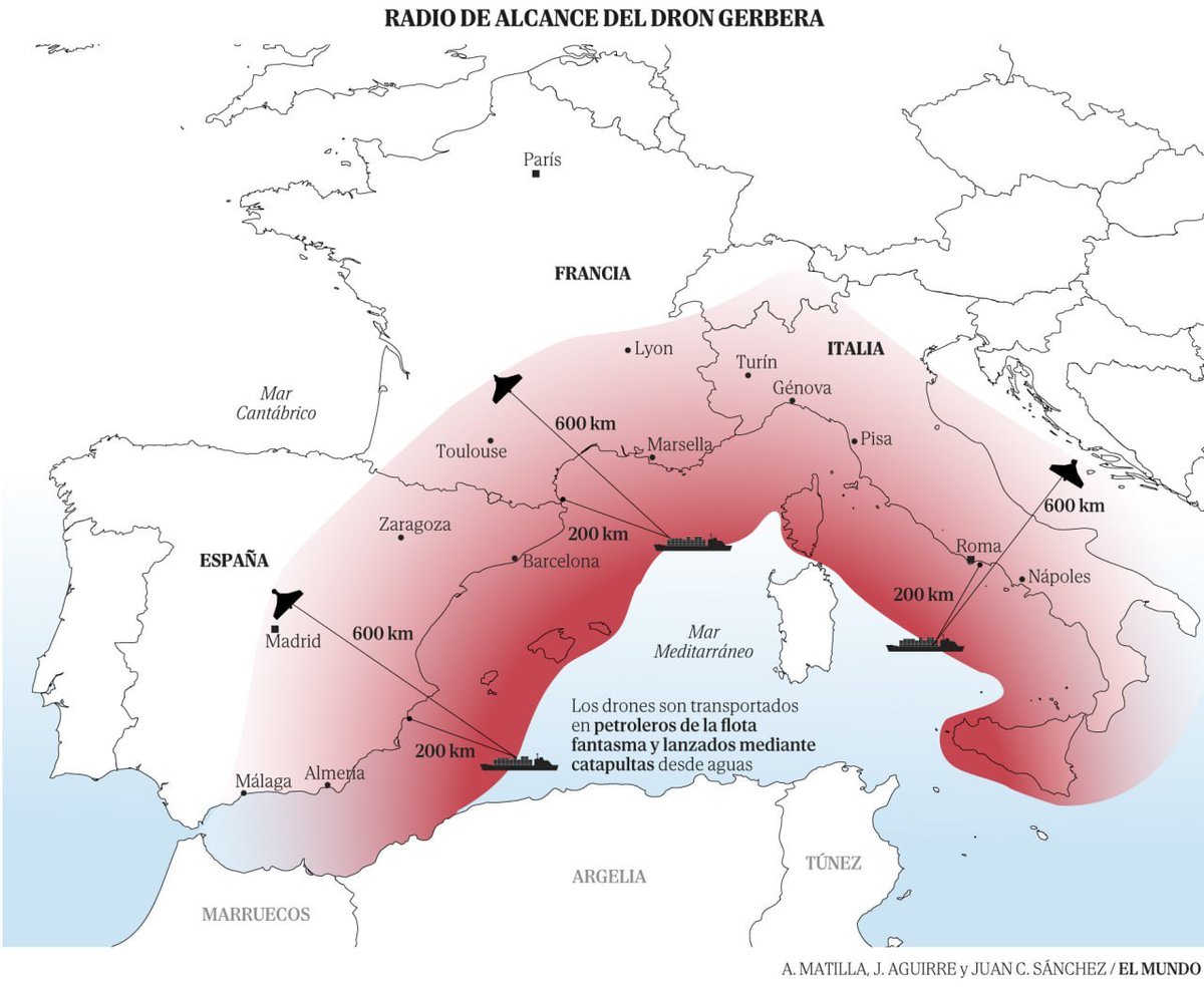 RT by @mikenov: RT by @mikenov: The CIA warned European governments of a possible Russian drone attack on Spain, France, or Italy American intelligence gathered information that Russia is preparing such an attack on one of those Mediterranean countries and shared it with several European governments. Drones could be launched from the sea, hidden in containers on a ship. A source close to Lithuania’s Defense Ministry said the type is a Gerbera: up to 18 kg, with a declared range up to 600 km. One merchant vessel can carry several. Lithuania and other countries received the information shortly after CIA Director John Ratcliffe’s trip to Moscow on August 25. Ratcliffe arrived on a US military p