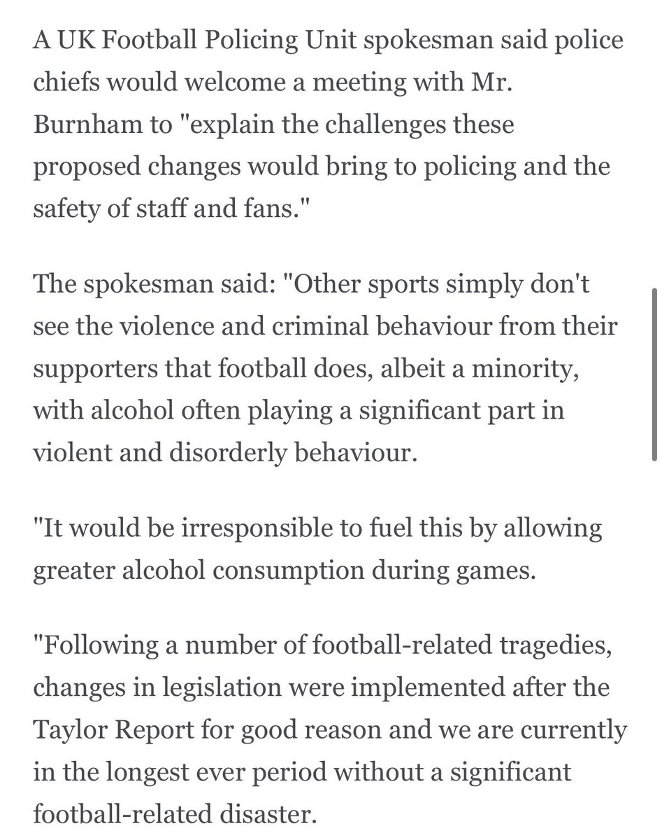 JayMcKenna87's tweet photo. This is low, even by the standards of the UK Football policing unit, casually linking the Taylor report post Hillsborough and football tragedies to changes in the law on drinking at matches

Drinking in view of the pitch didn’t cause deaths or injuries  - policing failures did https://t.co/hUFPTJBKf7