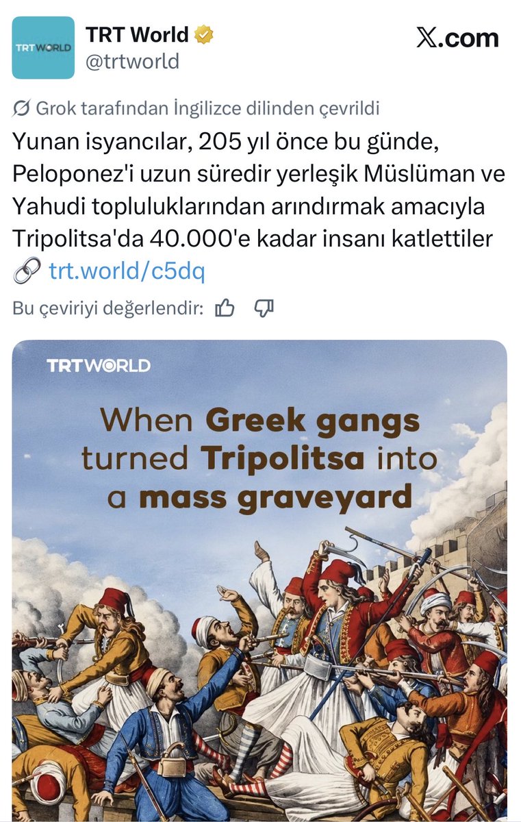 NejatOzonay's tweet photo. İlginç bir milletiz…

Hala katliam diyoruz, oysa tam bir soykırım yaşanmış Yunanistan Tripoliçe’de… https://t.co/HO3LhbpePq
