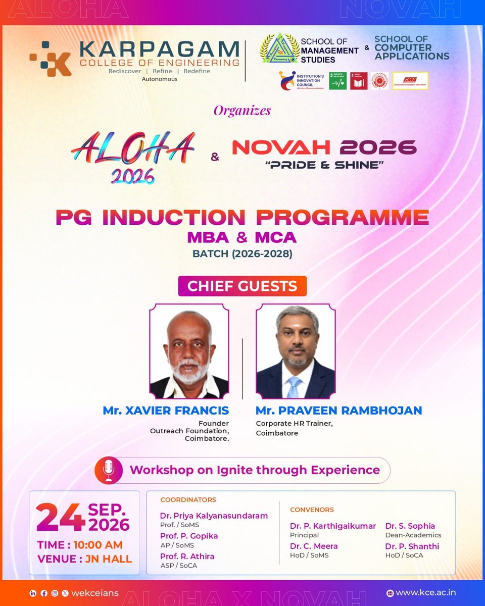 wekceians's tweet photo. 🎓✨ PG Induction Programme 2026 – MBA & MCA ✨🎓
Karpagam College of Engineering welcomes the 2026–2028 batch with ALOHA 2026 & NOVAH 2026 – “Pride & Shine”! 🌟
#PrideAndShine #KCEians #StudentInduction #KCE #ALOHA2026 https://t.co/ymCeECKsLz
