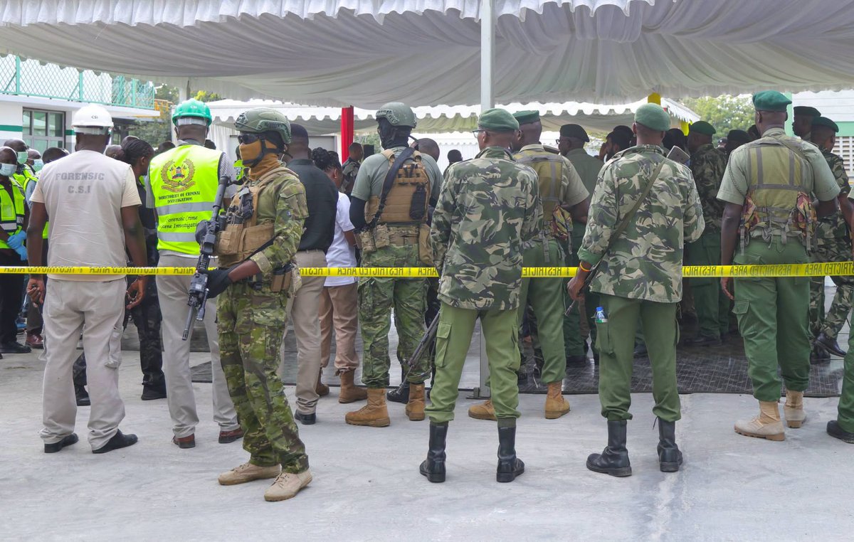the_sambu's tweet photo. Heavily armed security officers drawn from various specialized and tactical police units take cover as court hearing processes are ongoing at Mombasa Cement as the court considers the case involving an Sh8.2 billion methamphetamine haul seized in the Indian Ocean in October 2025.

The consignment of methamphetamine weighing 1,036.044 kilograms and valued at approximately Sh8.2 billion is set to be destroyed in Mombasa on Thursday, with Interior Cabinet Secretary Kipchumba Murkomen expected to lead the exercise.

Six Iranian nationals are accused of trafficking the consignment as the case continues before the Shanzu Law Courts. The six—Jaseem Darzadeh Nia, Nadeem Jadgal, Hassan Baloch, Raheem Baksh, Imran Baloch, and Imtiyaz Daryay—are charged with trafficking narcotic drugs contrary to Section 4(a)(ii) of the Narcotic Drugs and Psychotropic Substances (Control) Act.

The consignment was intercepted in October 2025 after the Kenya Navy stopped a dhow identified as MV Mashaallah in the Indian Ocean, about 340 nautical miles east of the Mombasa coast. A search of the vessel led to the recovery of hundreds of packets containing a crystal-like substance packaged as roasted coffee for importation that was subsequently identified as methamphetamine through forensic analysis.

via @BriefIntelHQ