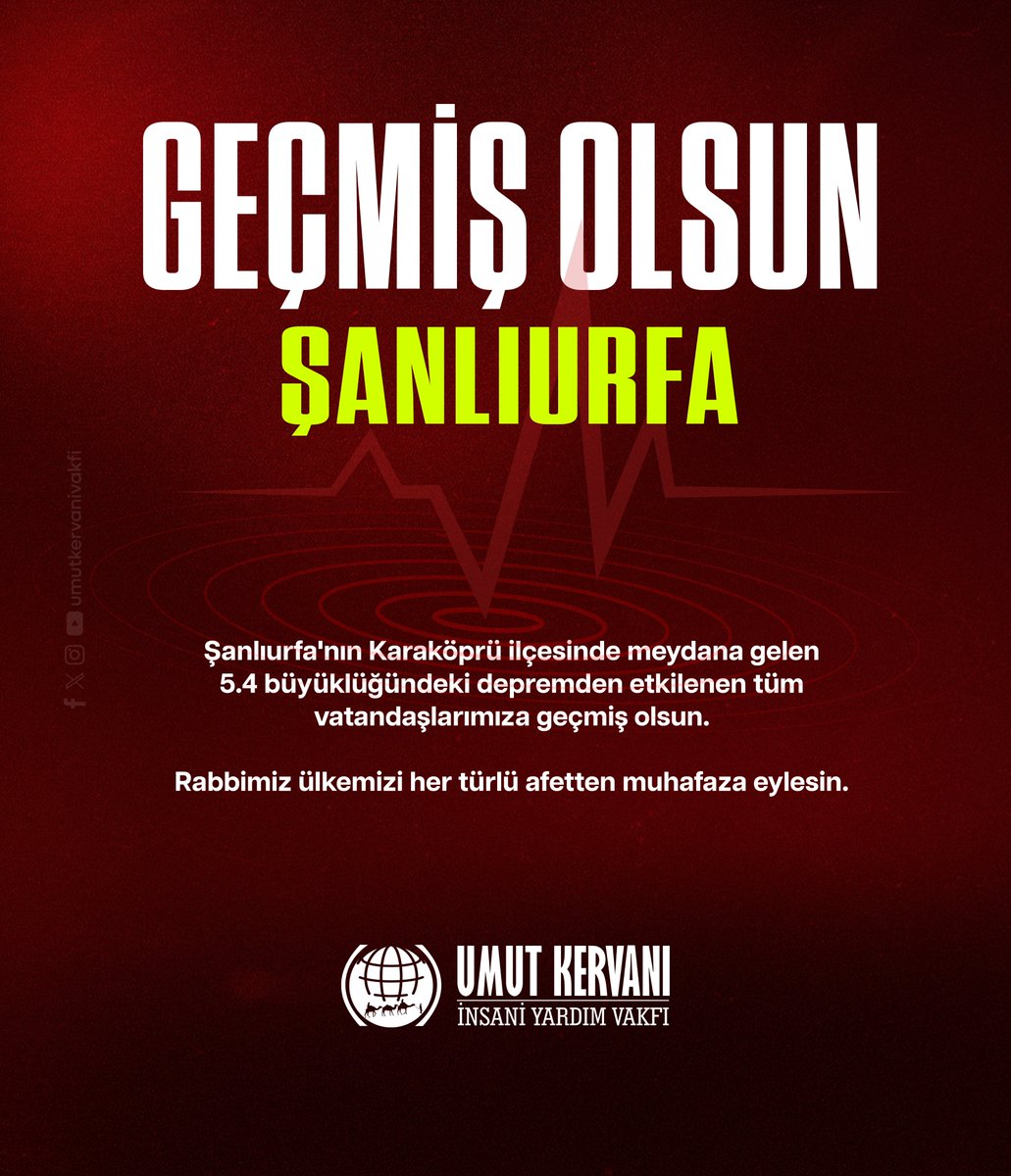 umutkervanivkf's tweet photo. Geçmiş Olsun #ŞANLIURFA

Şanlıurfa'nın Karaköprü ilçesinde meydana gelen 5.4 büyüklüğündeki depremden etkilenen tüm vatandaşlarımıza geçmiş olsun.

Rabbimiz ülkemizi her türlü afetten muhafaza eylesin.