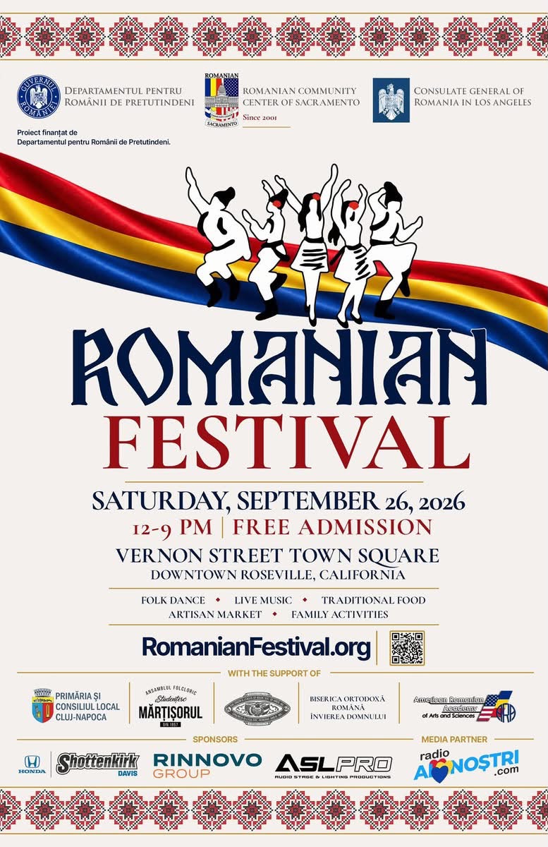 CG_RO_LA's tweet photo. The Consulate General of 🇷🇴 in LA, t/RO Community Center of Sacramento w/support of the Department for Romanians Abroad, is pleased to invite you to the 2026 Romanian Festival.
📅 Sept 26
🕛12:00PM–9:00 PM
📍 Vernon Street Town Square, Downtown Roseville
🎟️ Free admission https://t.co/dXpeSUPxnB