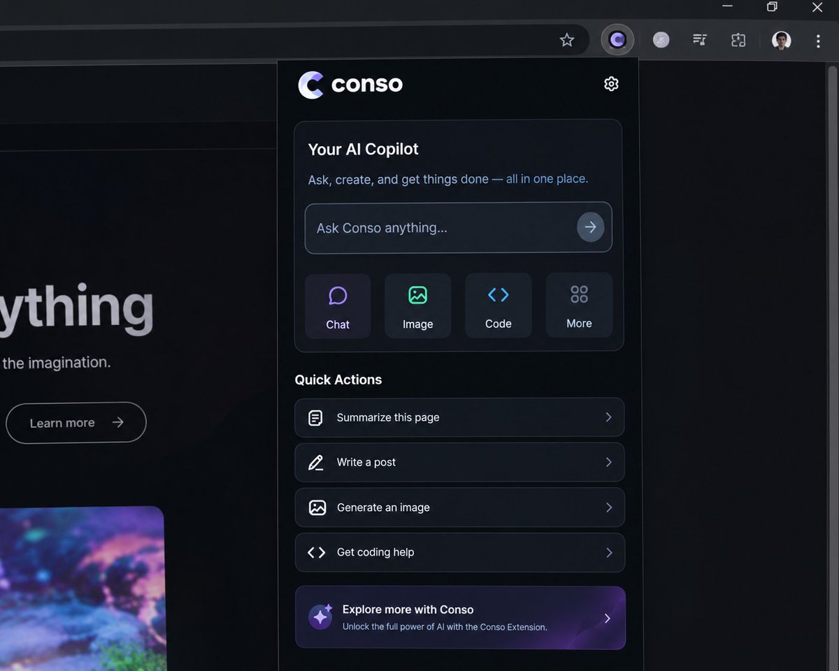Sachchi4993's tweet photo. Been exploring @conso_xyz a bit more 👀
One thing I like is how the Extension brings different AI-related features into one place instead of making you jump between tools.
Still testing it, but the experience feels pretty smooth so far. ⚡ https://t.co/a0VIrPlYGm