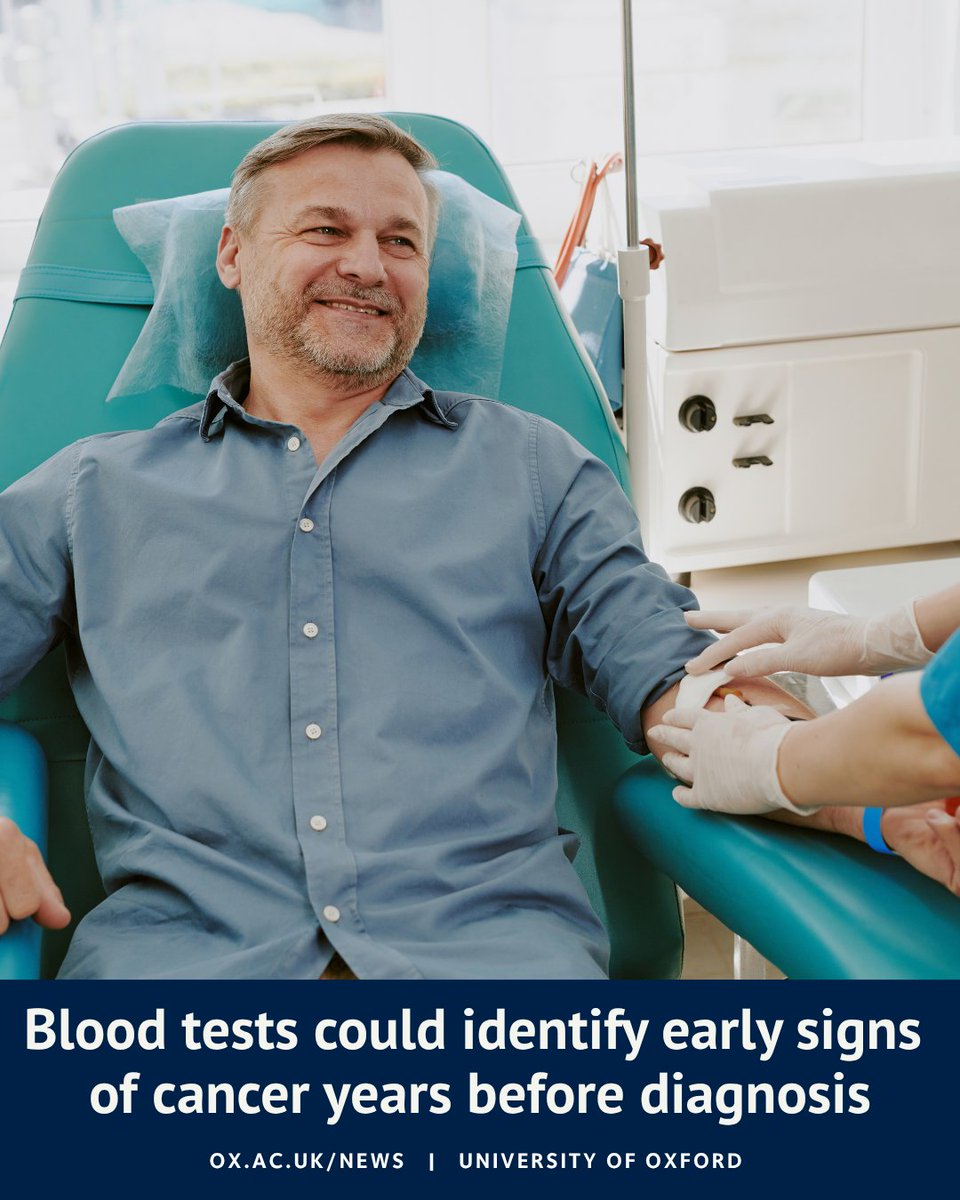 A man smiles while having blood drawn by a healthcare professional in a clinical setting. Text on the image reads: “Blood tests could identify early signs of cancer years before diagnosis.”