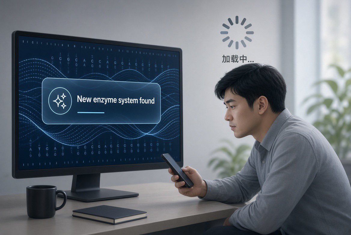 Wby4i's tweet photo. AI发现了一个新酶系统。
Anthropic说Claude用了大约950个agent，跑了21小时，从DNA数据里挖出了一个之前没被完整描述过的东西，有点像CRISPR的结构。
人类科学家主要负责一开始的提示，和后面的实验室验证。
现在还不知道这个系统具体能干嘛。
但已经能看出一个挺清楚的分工了：
AI先去海量数据里“找有没有奇怪的东西”，人类再去确认、理解、做实验。
以后科研会不会越来越变成这种模式？
AI负责加速发现，人类负责最后把关和解释。
普通人这边其实也差不多——
工具越来越会自己找答案，我们慢慢变成那个“最后确认一下”的人。
AI天天在升级，我还在加载怎么跟。