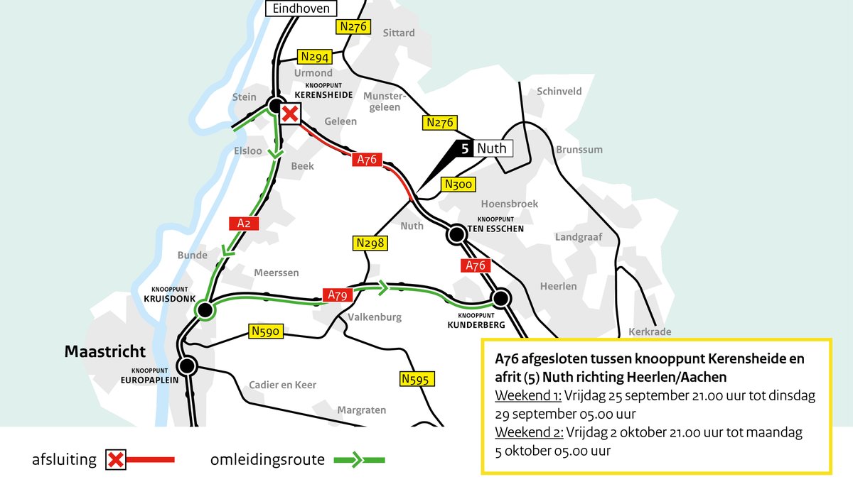 RWS_ZN's tweet photo. 🚧 In het weekend van 25 september en 2 oktober vervangen we grote delen asfalt op de #A76 tussen knooppunt Kerensheide en Nuth in de richting van Heerlen. Houd rekening met 20 minuten extra reistijd. Meer info: https://t.co/8Xt81rwaVF https://t.co/hSfyk2guBh