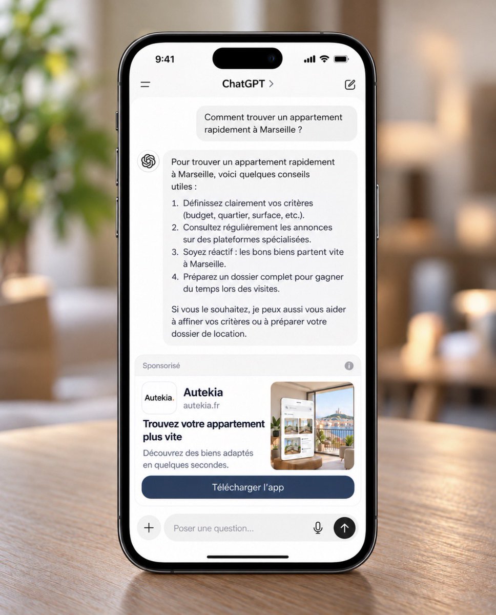 Autekia's tweet photo. Trouver un appartement ne devrait pas prendre des heures.

On teste actuellement de nouveaux canaux d’acquisition, dont ChatGPT Ads, pour toucher les utilisateurs au moment où ils recherchent réellement un logement. https://t.co/zUYWweSHPo