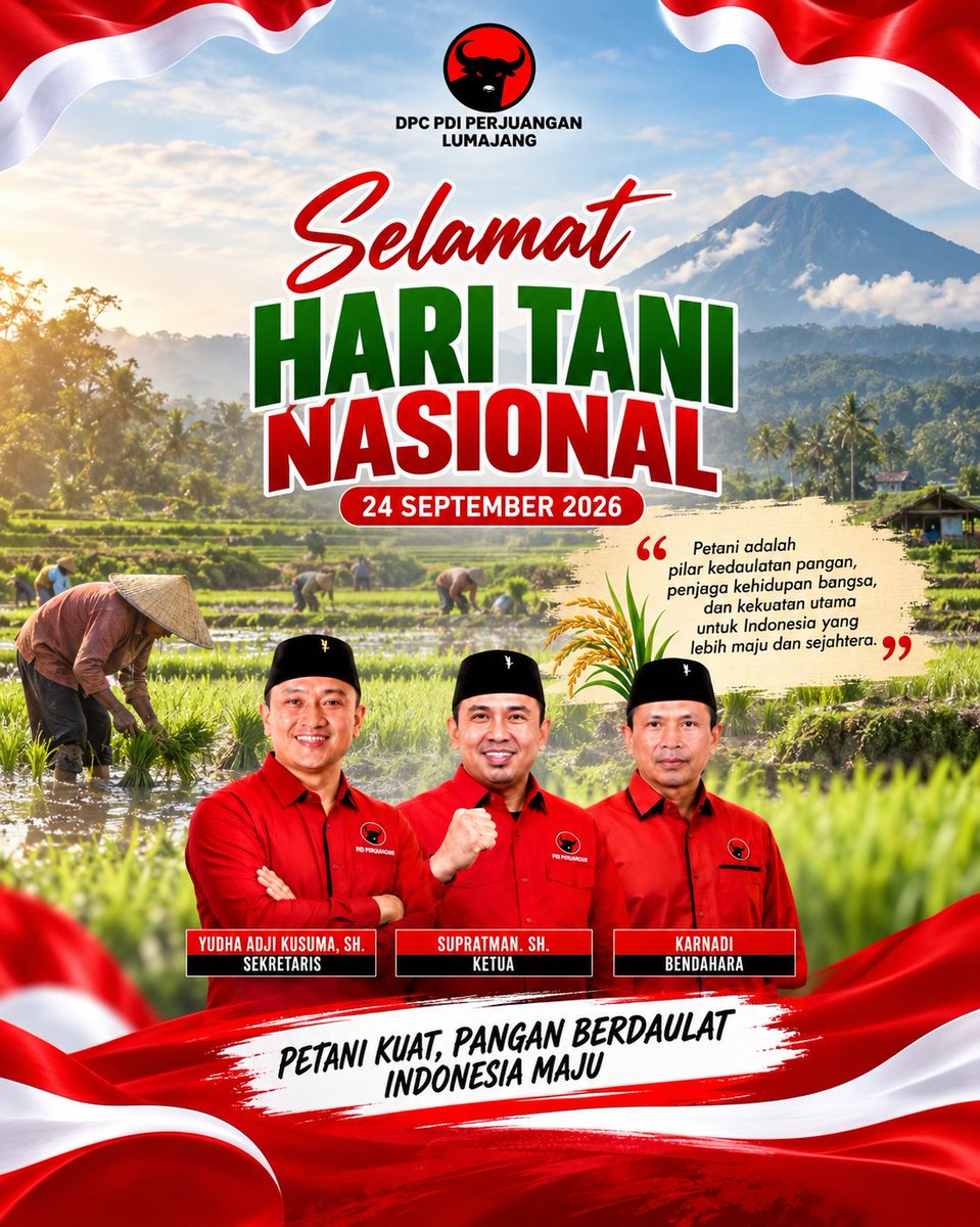 pdiplumajang03's tweet photo. SELAMAT HARI TANI NASIONAL
Petani Kuat, Pangan Berdaulat, Indonesia Maju
Hari Tani Nasional menjadi momentum untuk menghormati perjuangan para petani sebagai penjaga ketahanan pangan bangsa.
DPC PDI PERJUANGAN LUMAJANG
#pdiperjuangan #petani #lumajang https://t.co/7MxXWbeeAF