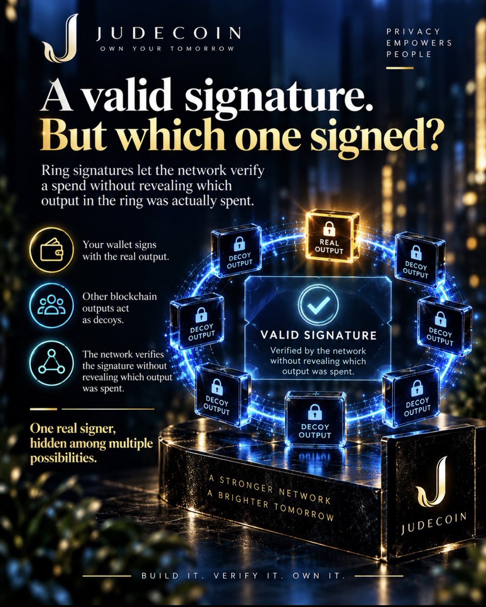 jessica_5777's tweet photo. A valid signature — but which one signed? 🔐

That’s the beauty of Ring Signatures: the network can verify a valid spend without revealing which output in the ring was actually spent.

One real signer. Multiple possibilities. Privacy built into the protocol.

#Judecoin #Privacy #RingSignatures