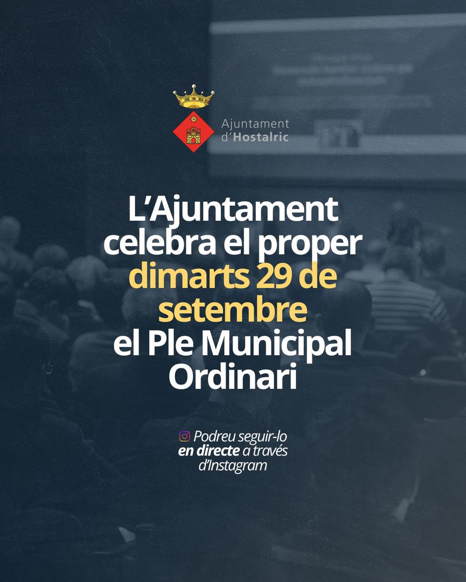 AjHostalric's tweet photo. 📢 #PleHostalric | L’Ajuntament d’#Hostalric celebra aquest dimarts 29 de setembre un Ple Municipal Ordinari.
👉 La sessió començarà a les 19:30 h i 📲 es podrà seguir en directe a través d’Instagram.
ℹ️ Més informació a la pàgina web / Notícies https://t.co/A2qL5MT2PZ