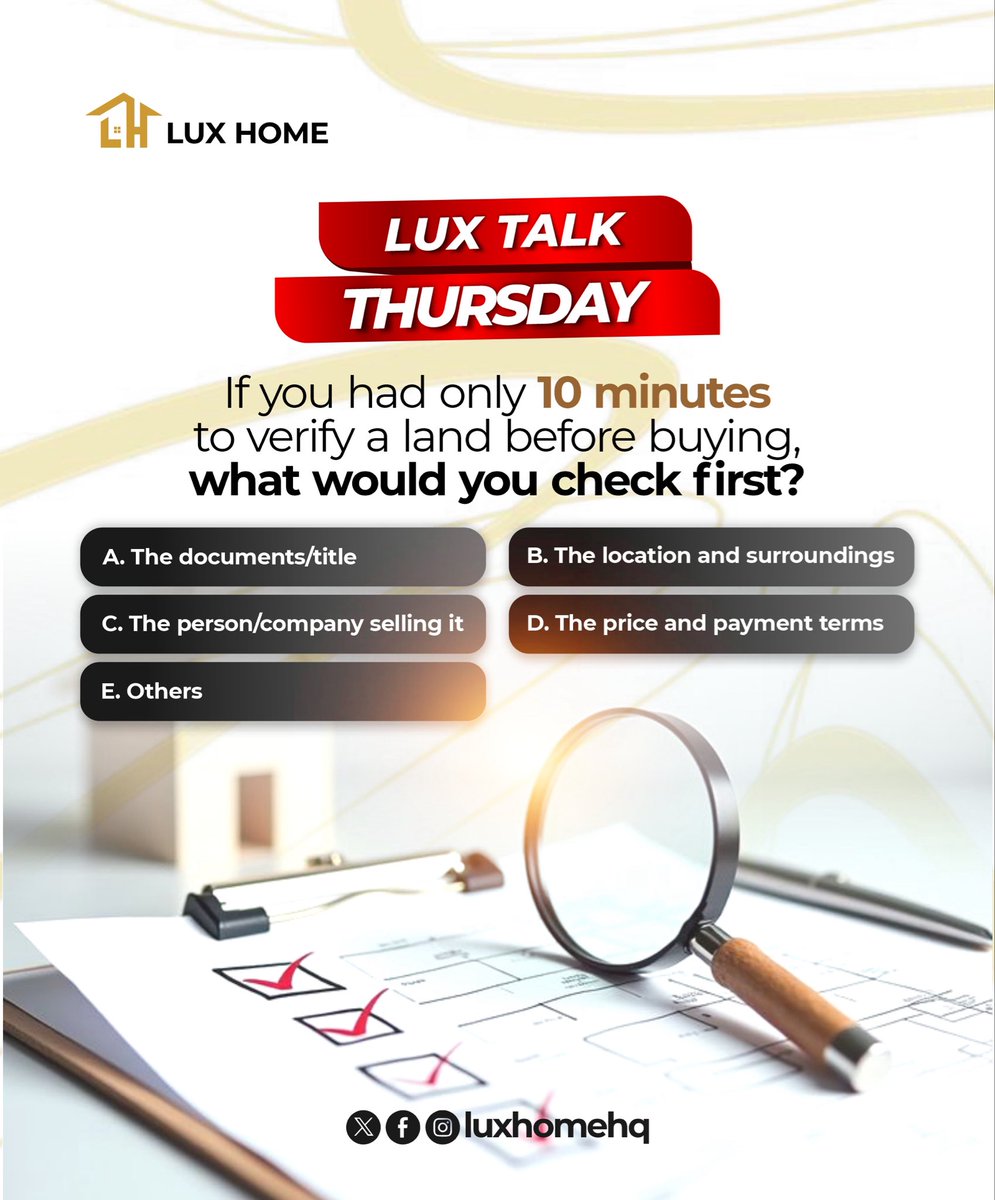 LuxHomeHQ's tweet photo. What would you check first in that 10 minutes?
Choose your answer and tell us why in the comments.👇
#LUXTalkThursday
#LUXHomeAsaba https://t.co/YCHvO7GUhD