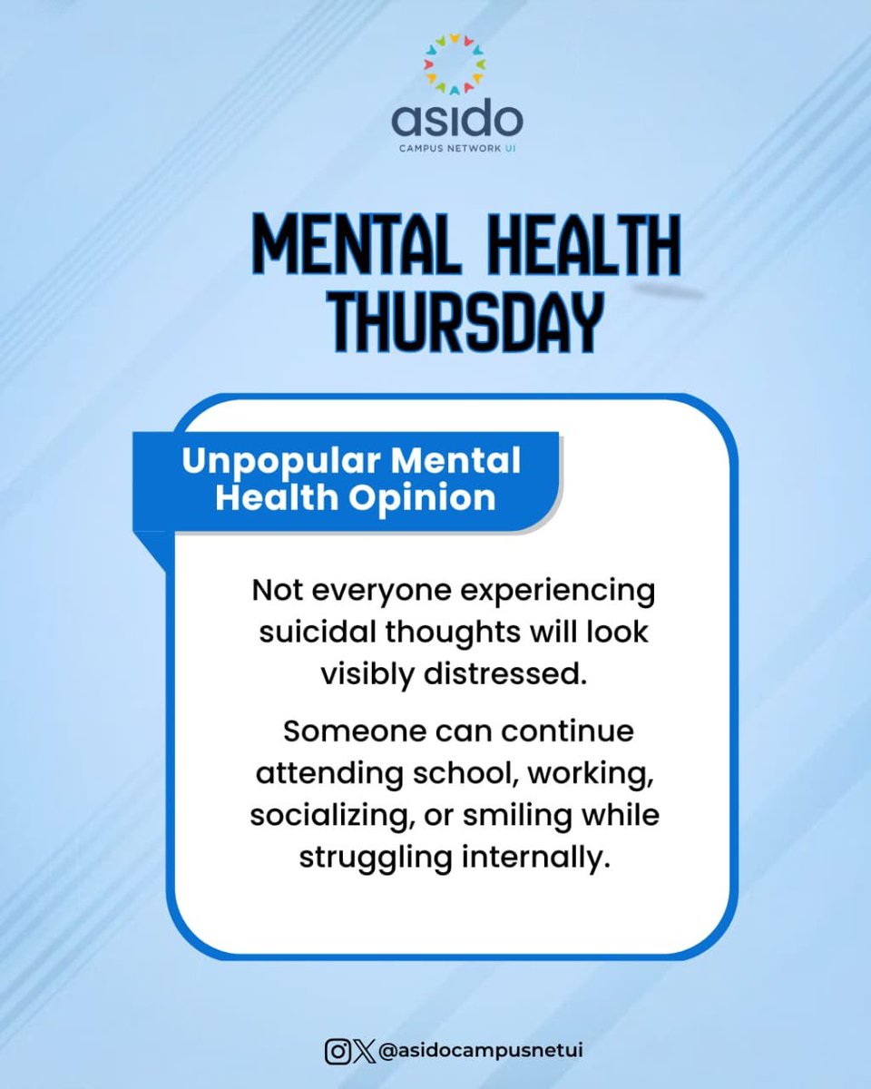asidocampusnet's tweet photo. Suicide prevention is often misunderstood.

Not everyone experiencing suicidal thoughts will look like they’re struggling. Someone can still show up to class, go to work, laugh with friends, post online, and carry on with their usual routine... https://t.co/jhcmmyEfmT