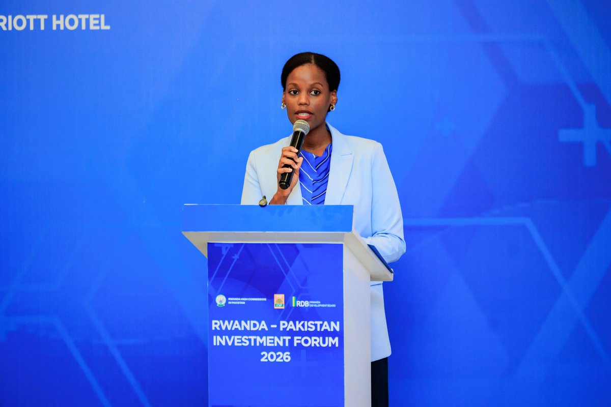 RDBrwanda's tweet photo. “Rwanda and Pakistan have longstanding diplomatic relations, and our task now is to translate those relations into stronger trade, investment and business partnerships.

Pakistani businesses are considering Rwanda at a time of sustained economic growth and increasing investor confidence. We encourage investors to see Rwanda not simply as a market of 14 million people, but as a gateway to a much larger region where businesses can manufacture, innovate, process, export and scale across Africa.

Through our One Stop Centre and investor aftercare services, we stand ready to support investors throughout their journey, from establishment to expansion and reinvestment.”

— RDB Deputy CEO @JulianaMuganza at the Rwanda-Pakistan Investment Forum 2026.

#InvestInRwanda