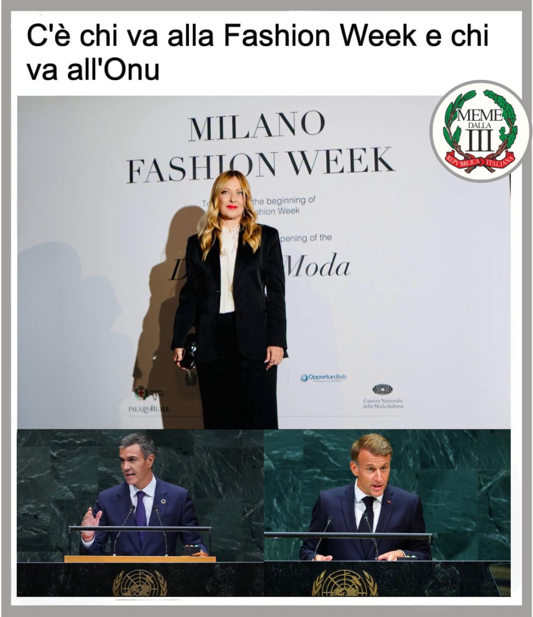 MemeTerzaRep's tweet photo. C’è chi va all’Onu e c’è chi va alla Fashion Week.

C’è chi fa l’influencer e chi fa il capo di governo.

Trovate le differenze.
.
.
.
#meloni #fashionweek #memedallaterzarepubblica https://t.co/jpHPAi9FvF