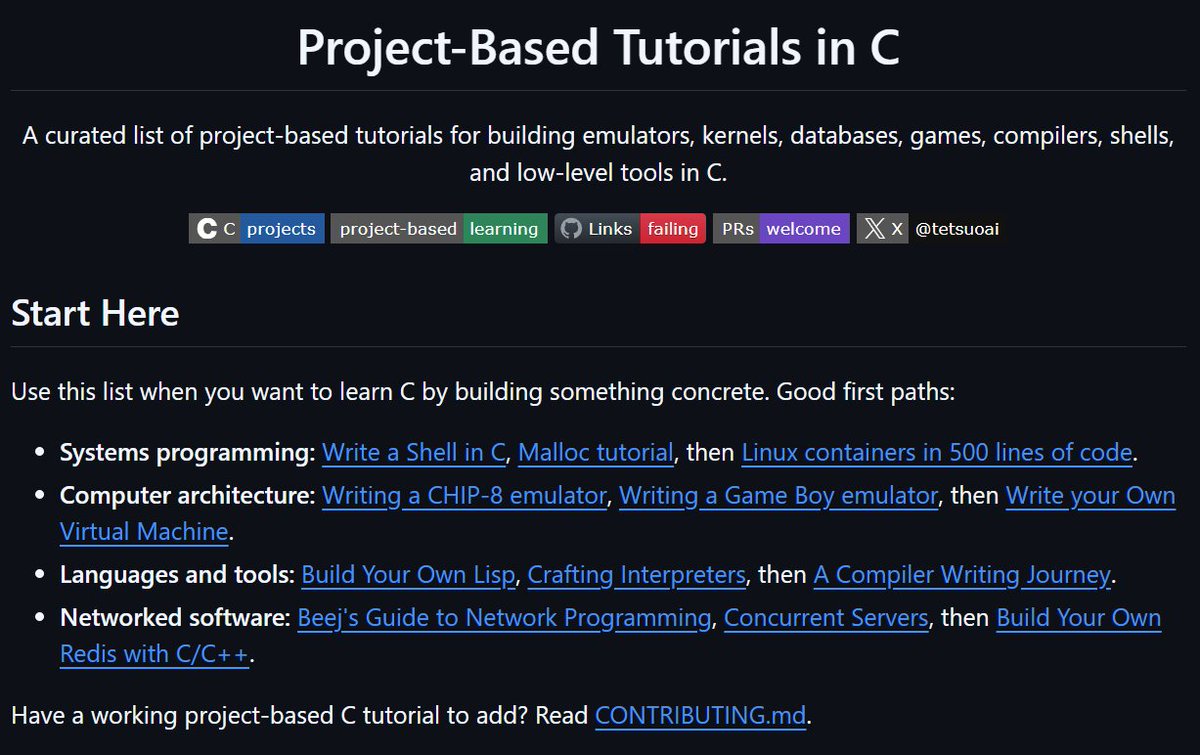 tetsuoai's tweet photo. Project Based Tutorials in C. Everything from computer architecture to game dev to OS internals, all through hands-on builds. Good entry point if you're learning the language and want something concrete to work toward.

github .com/7etsuo/project-based-tutorials-in-c https://t.co/pB8l8VOI9t