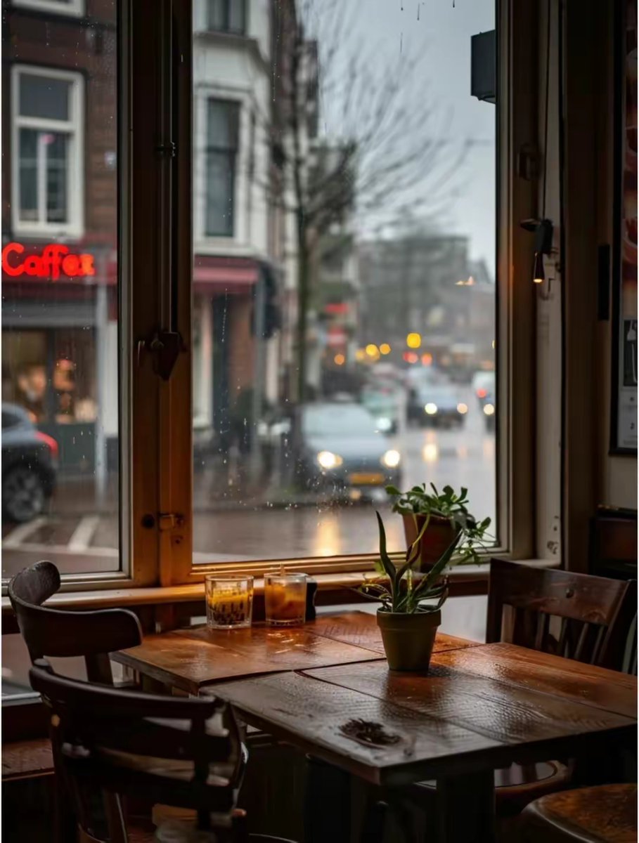 Ngantu7's tweet photo. Just found the best coffee spot on a rainy downtown side street, the warm glow through the cafe window made the gray day way better. https://t.co/deA3e67zRV