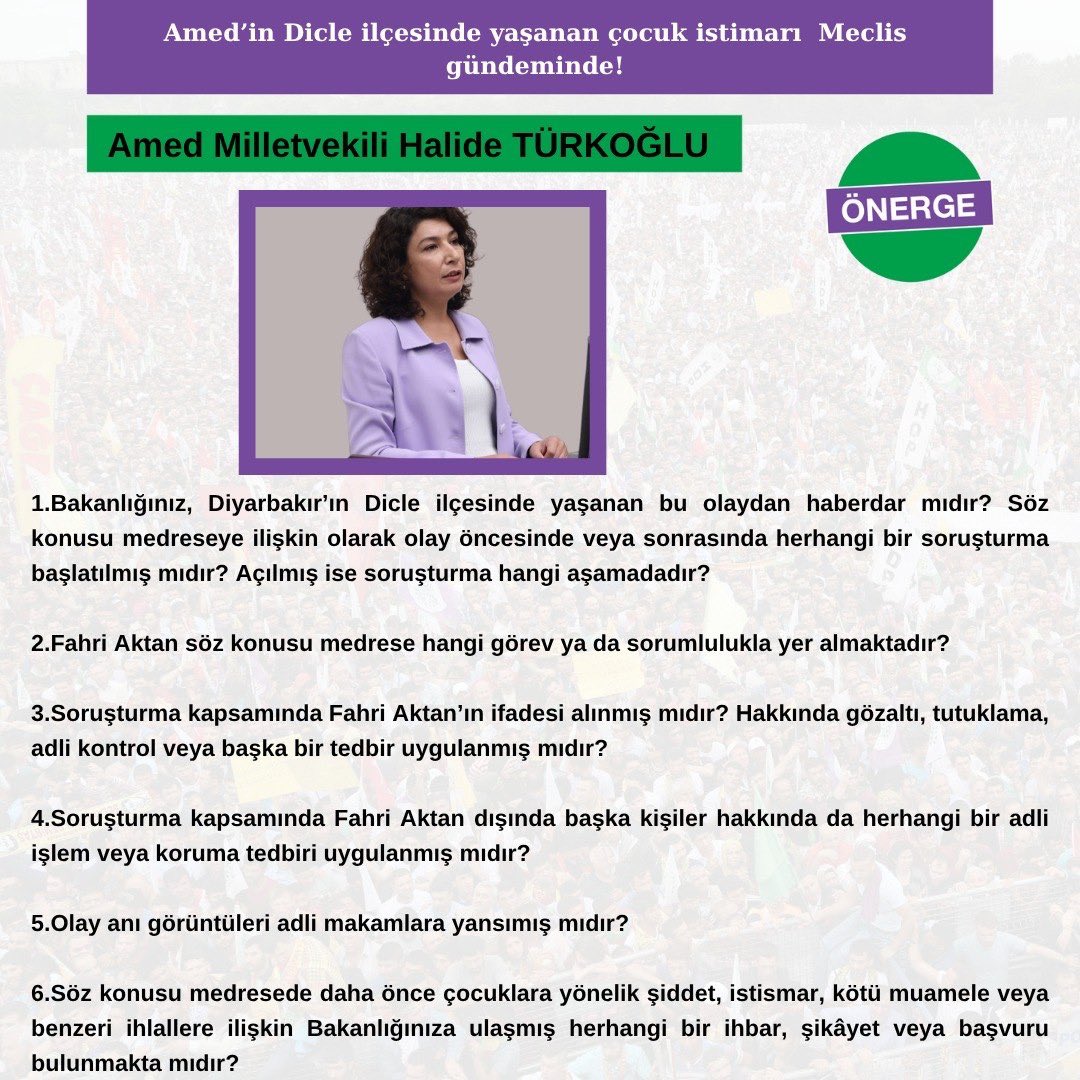 Halide_Turkoglu's tweet photo. Amed’in Dicle ilçesinde bir medresede yaşandığı iddia edilen çocuk istismarı olayını soru önergesiyle Meclis gündemine taşıdık. 

Çocuklara yönelik her türlü cinsel istismar, işkence ve şiddet insanlık suçudur! 

https://t.co/V81UaCehbx https://t.co/qHglKox19A