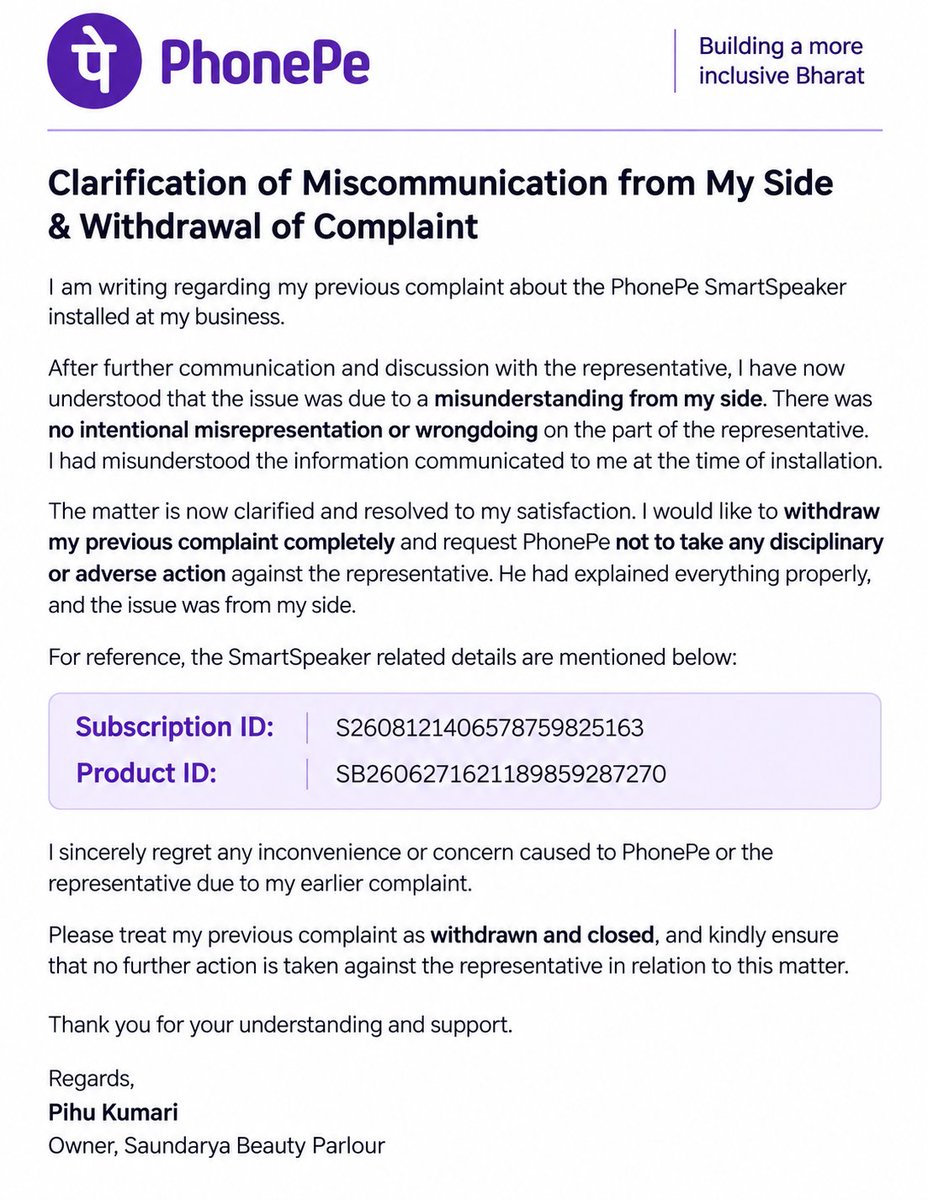 dravid_raj3's tweet photo. @PhonePeSupport @PhonePeSupport  issue is resolved, as there was a communication error from my side , now i understood everything , i want to withdraw my complaint. 

Pls don't take any such action against the field executive who installed it , 

After talking to him he explained everything. https://t.co/DTYQhDfloQ