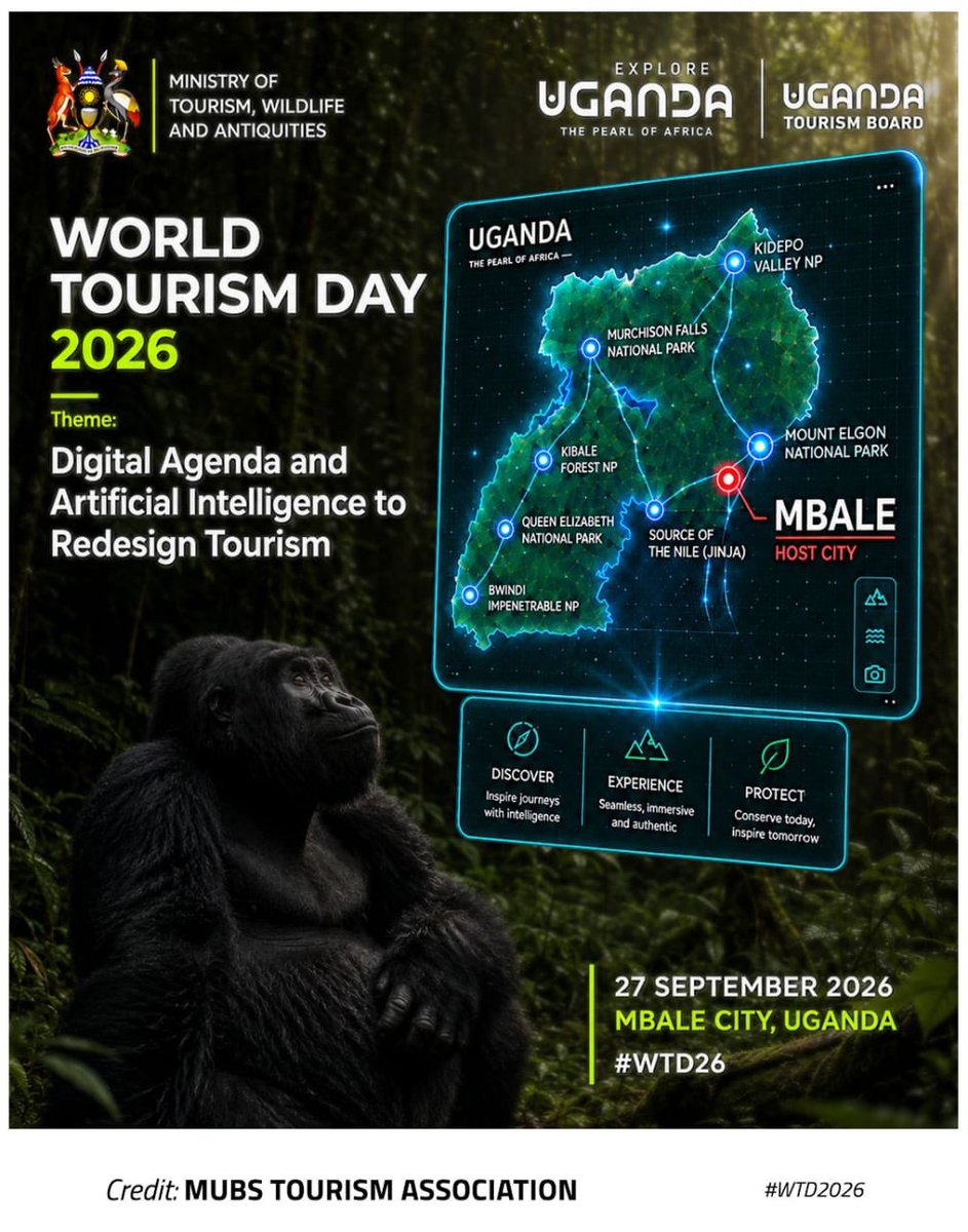 PaulineLeizel's tweet photo. How can Artificial Intelligence and digital innovation reshape the travel experience while protecting nature? 🦍📲🌿

Under the theme "Digital Agenda and Artificial Intelligence to Redesign Tourism", Uganda is redefining destination management. By integrating AI and digital tools, we aim to inspire smarter journeys, deliver authentic visitor experiences, and protect our rich biodiversity for generations to come.   

We are discovering Uganda, conserving today, and inspiring tomorrow!   
📍 Mbale City, Uganda
📅 27th September 2026  

 #WTD2026 
#ExploreUganda